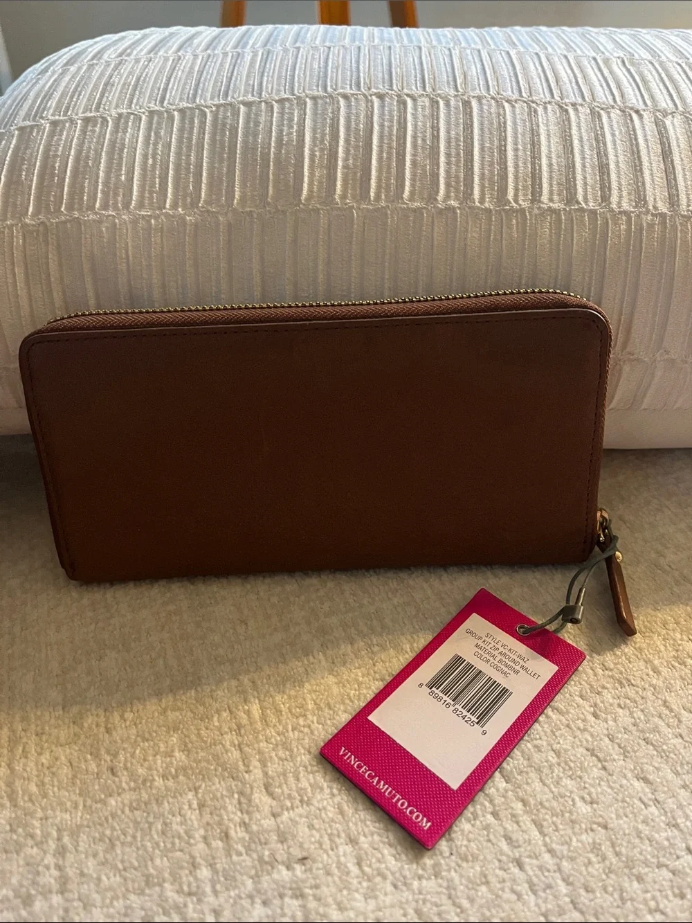 Vince Camuto Brown Leather Zip Wallet with Gold Logo
